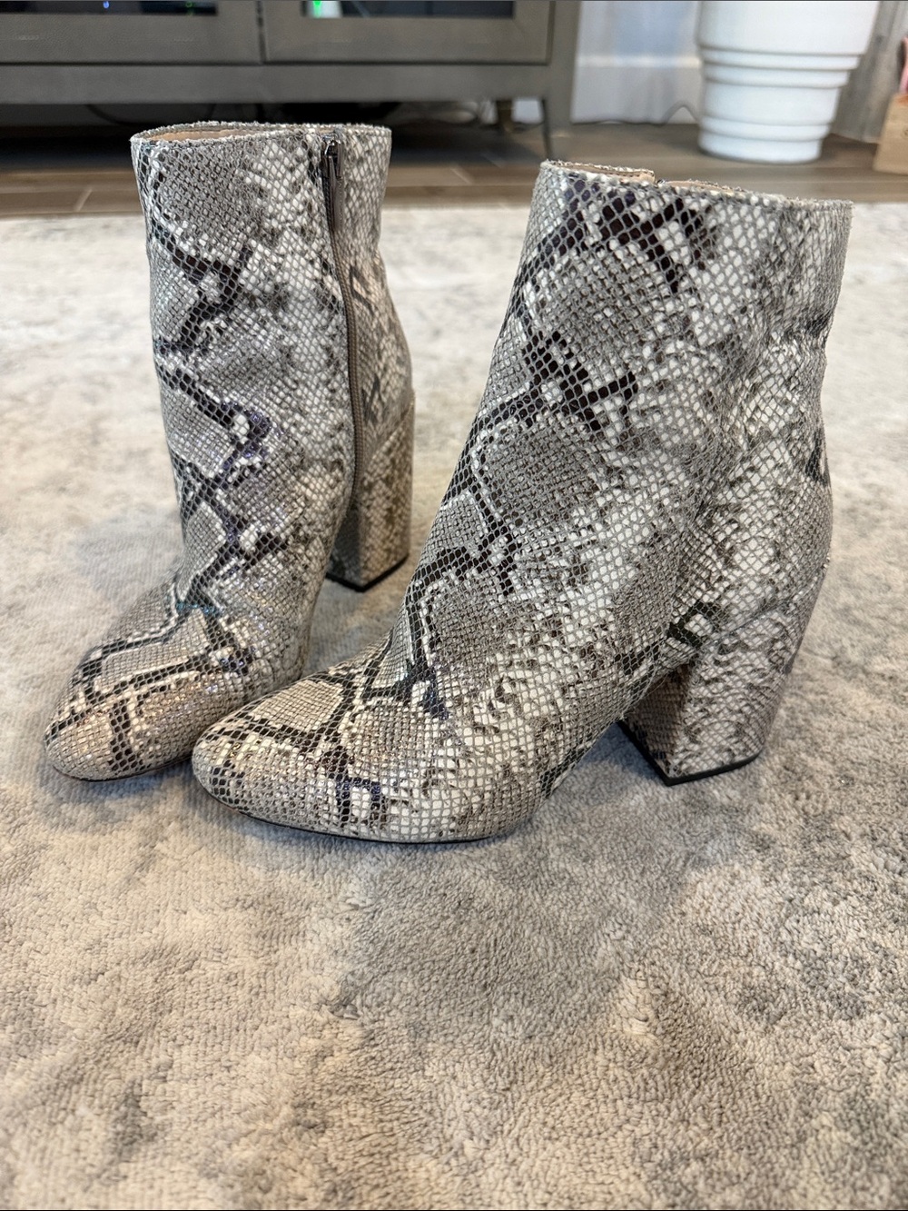 Vince Camuto Snake-Print Block Heel Ankle Boots - Gray, Black